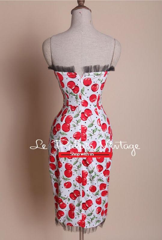 Vintage retro pinup strapless sweetheart neckline bow cherry print tight dress- Ilha