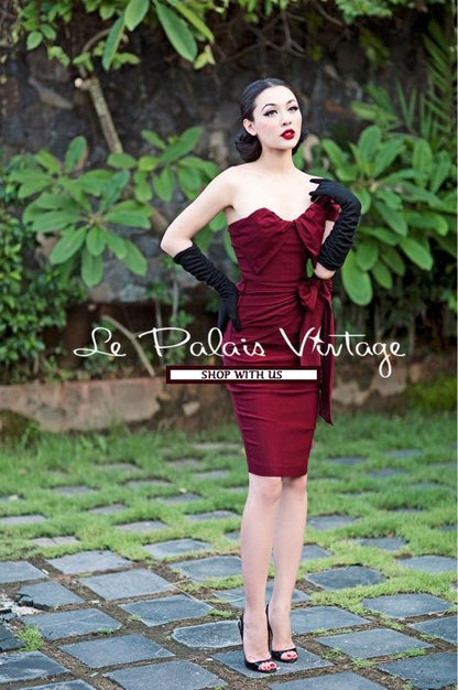 Le palais vintage Royal wine red fold bow sheath sexy dress- Bilo