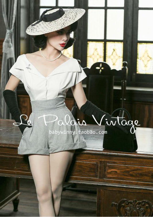 Le Palais Vintage Limited elegant retro classic tall waist woollen shorts+shirt set- Dilia