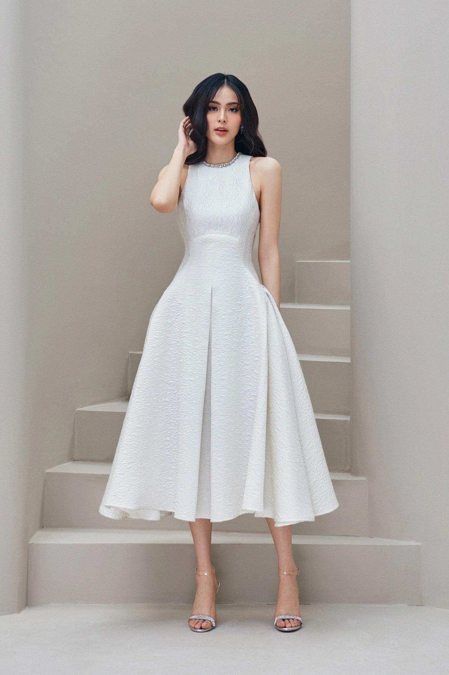 RETRO bridesmaid wedding midi jewel neck dress -Lili S / White RETRO bridesmaid wedding midi jewel neck dress -Lili S / White
