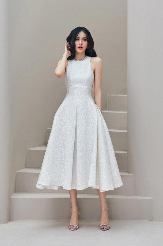 RETRO bridesmaid wedding midi jewel neck dress -Lili