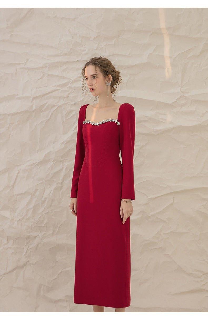 Luxury Red Elegant Square Collar Long Sleeve Midi Pencil Dress - Juika Luxury Red Elegant Square Collar Long Sleeve Midi Pencil Dress - Juika