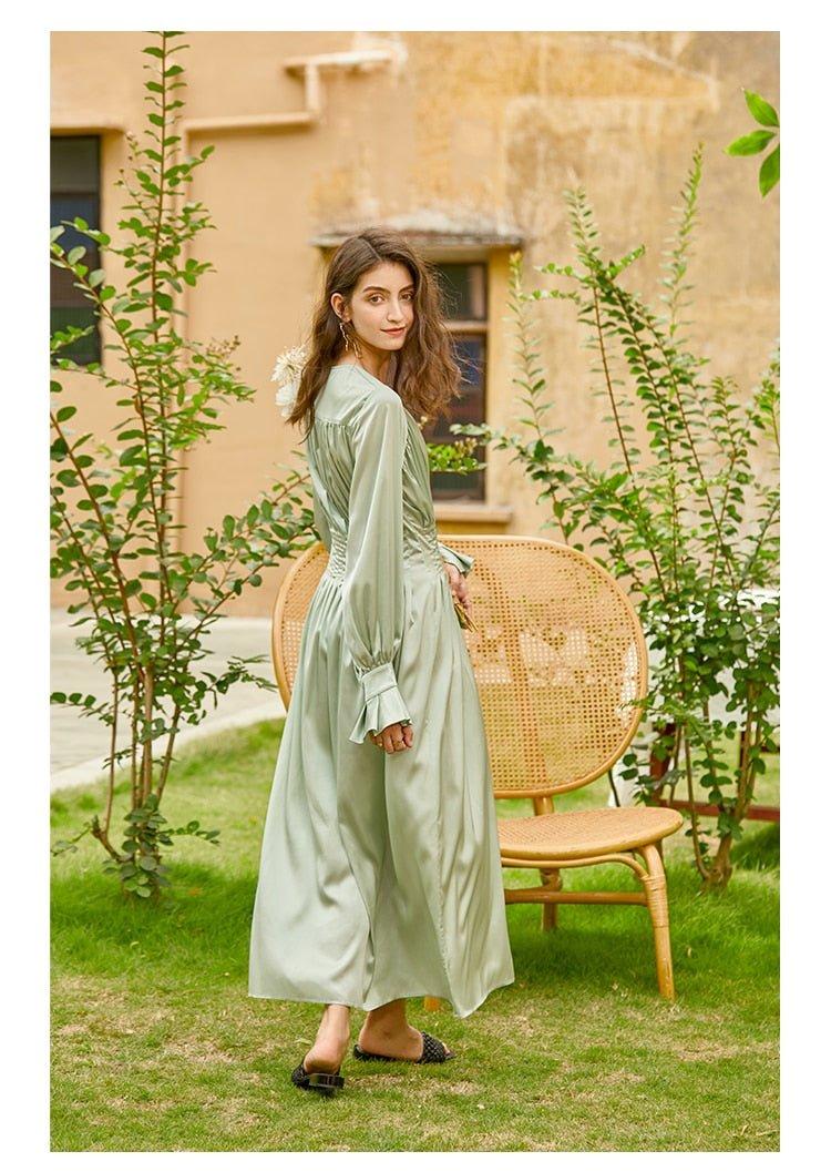 Light Green satin silky French vintage elegant midi long dress - Cara S / Green Light Green satin silky French vintage elegant midi long dress - Cara S / Green