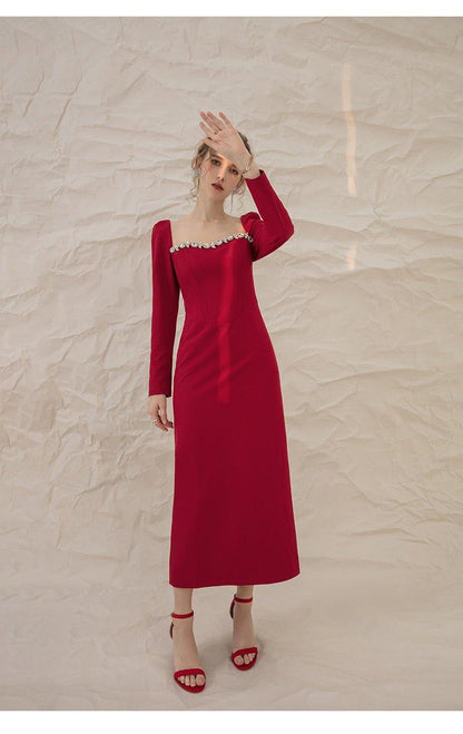 Luxury Red Elegant Square Collar long Sleeve midi pencil dress - Juika