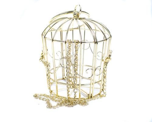 metal bird cage gold spiral bird embroidered pouch evening bag clutch- Tweety