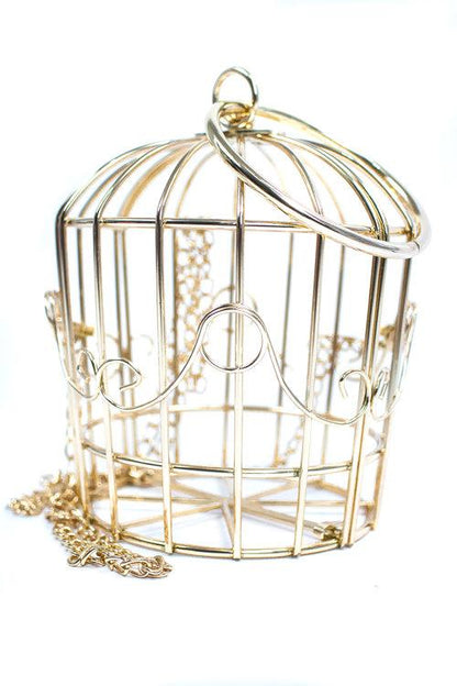 metal bird cage gold spiral bird embroidered pouch evening bag clutch- Tweety