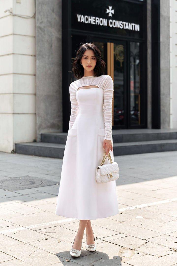 White gathered long sleeves dress-ANN