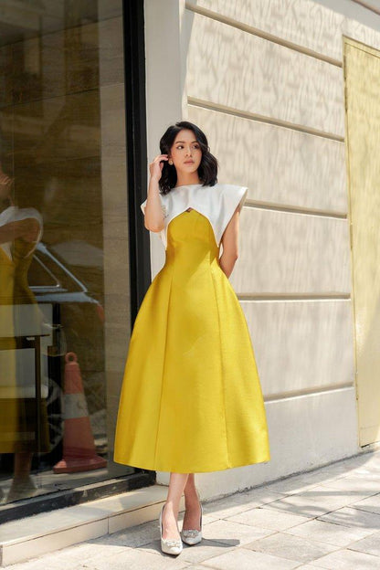 Yellow pegged shoulder midi dress-MAYA