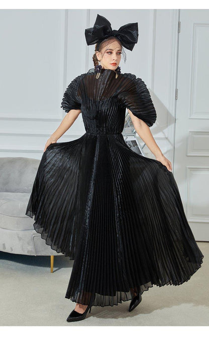 Long pleaded big puffy sleeve elegant inspired couture black dress- Isa
