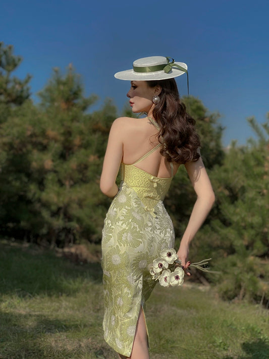 Le Palais Vintage Turquoise White Sunflower Slim Fit Slip Cocktail Dress-Olga.