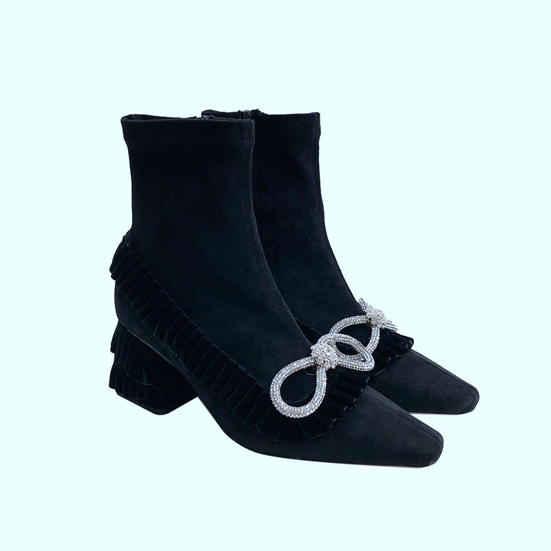B-FEI pointed toe short tube square heel products original flash diamond bow short boots- Bola