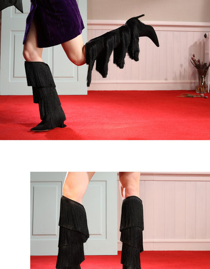 B-FEI original design fringe boots high tube pointed toe high heel autumn and winter- Cilia
