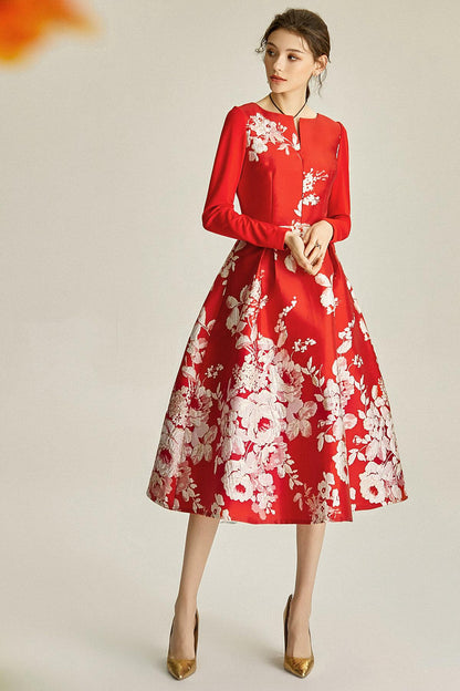 Spring retro 1950 red feminine jacquard long sleeve wedding guest audrey hepburn dress - Bailey