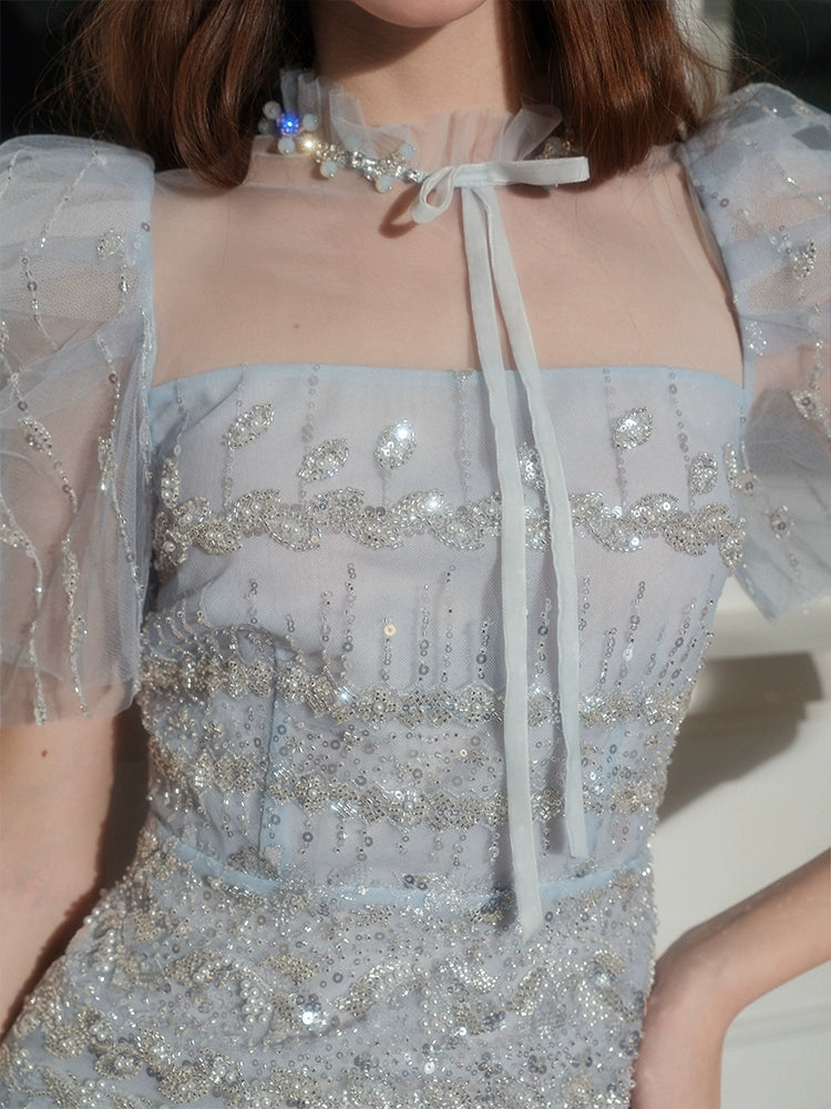 Wardrobes by Chen Luxury Blue Embroidered Crystal Pearl Dress-Bukky