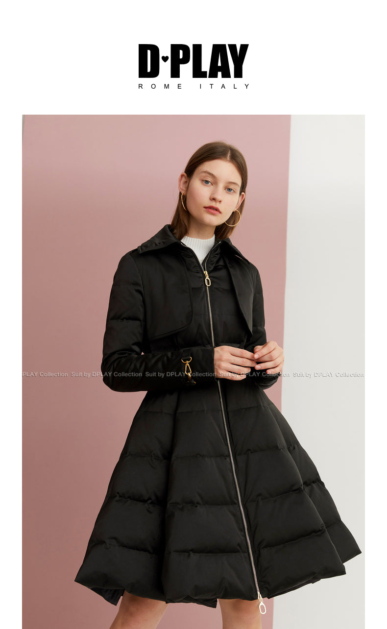 Long black Down coat winter Black waist and big swing design pleated coat -Jara