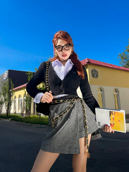Le Palais Vintage Original Retro Irregular Long Woolen Houndstooth Skirt- VERA.