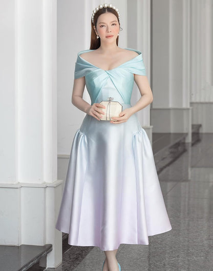 Early Spring 2023 new one-shoulder gradient V-neck waist dress- Salisa