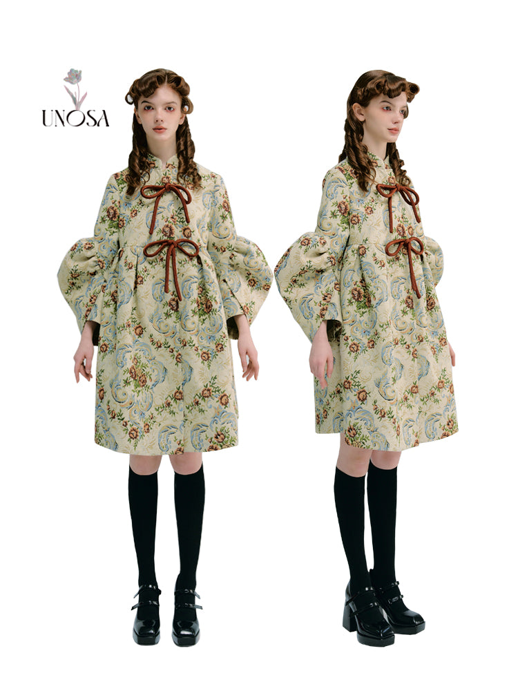 Retro Chinese Bow Knot Three-dimensional Jacquard Embroidered Puff Padded Jacket Dress- Ally