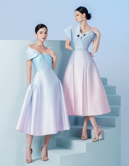 Early Spring 2023 new one-shoulder gradient V-neck waist dress- Salisa