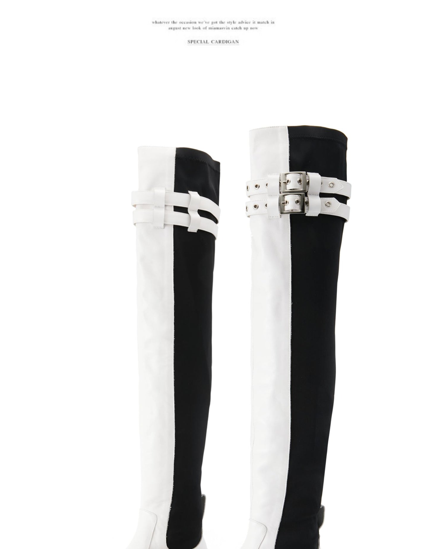 FEIFEI original niche design black and white elastic cloth cowhide over-the-knee high boots- Wila