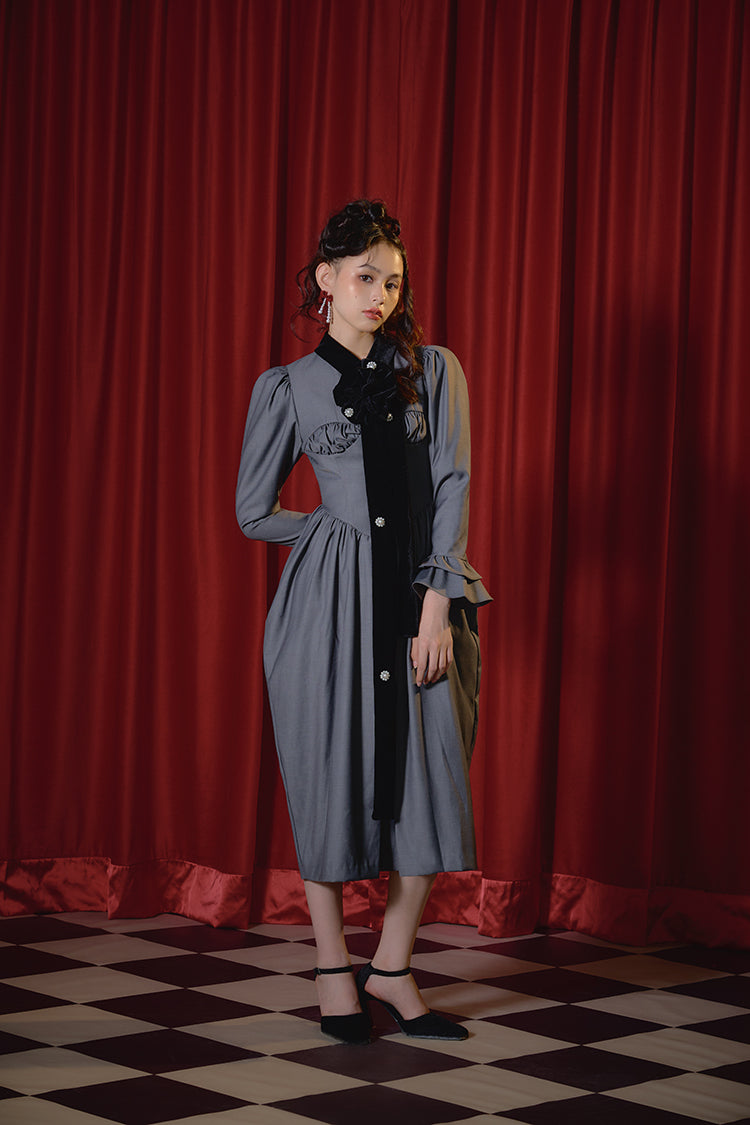 Gray vintage velvet collar maxi cocktail dress- Niola