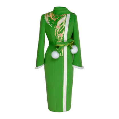 Magic Q green phoenix peony patch embroidered beaded bell sleeve wool coat