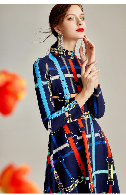 Belt print high neck multi colored full swing dress vintage retro inspired audreys dress - Adahl