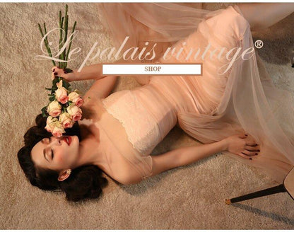 Le Palais vintage original peach elegant retro lace pleated vintage dress- Kion