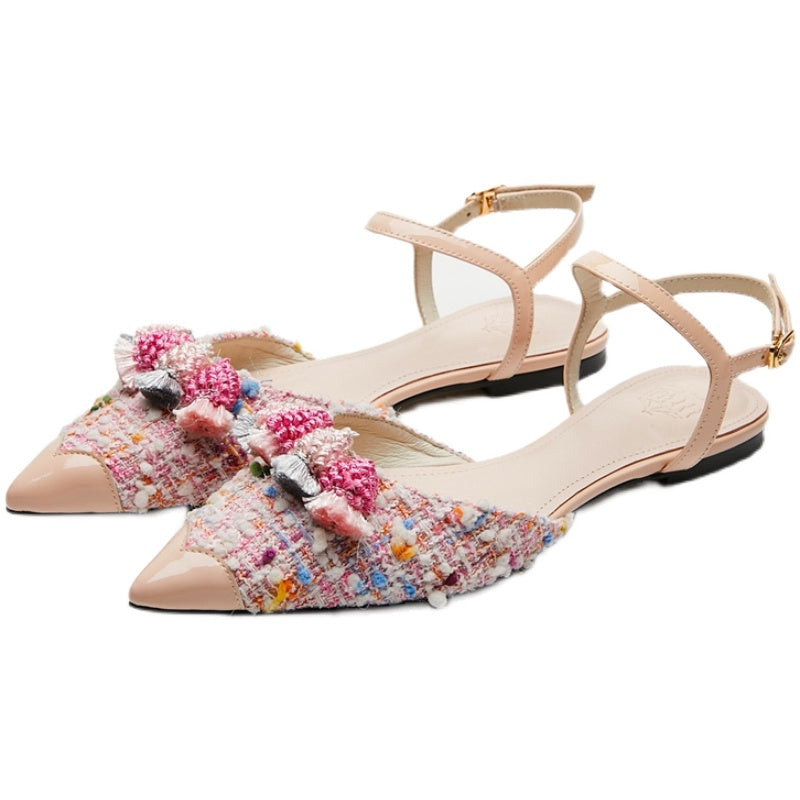 B-FEI Flat pointed toe sheepskin spring low-heeled tweed ballet flat sandals- CALI