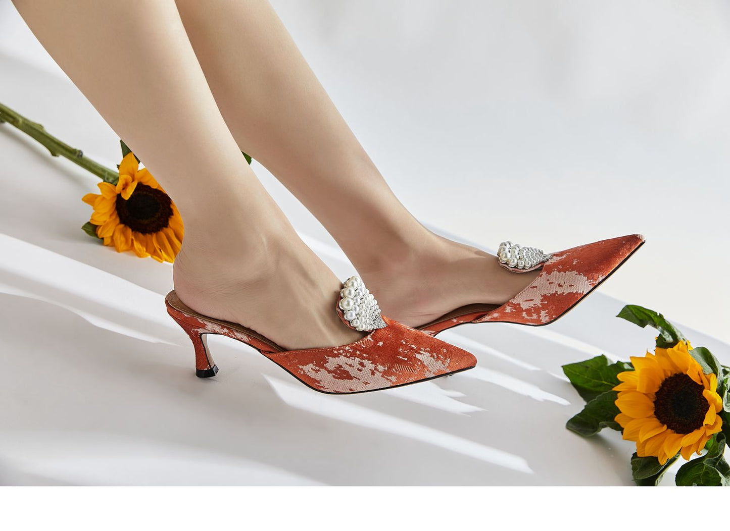 B-FEI  bridgertons inspired historical shoes Kitten Heel Orange Shell Pearl Pointed Toe mules - Nova