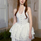 White gem buckle white layered irregular lace strapless hooded dress- Kimmi