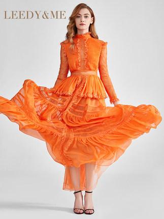 Limited edition long-sleeved elegant evening orange dress long dress gown - Mimi