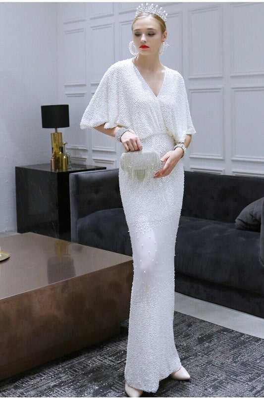 Limited edition White evening dress heavy beaded fishtail dress long evening wedding gown female - sIQ