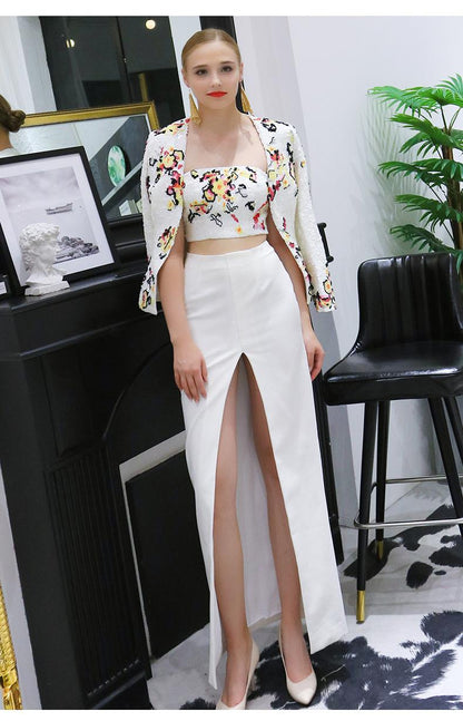 limited edition designer multi sewuin white skirt + strapless bustier + white sequin blazer three piece suit set.- Georgie