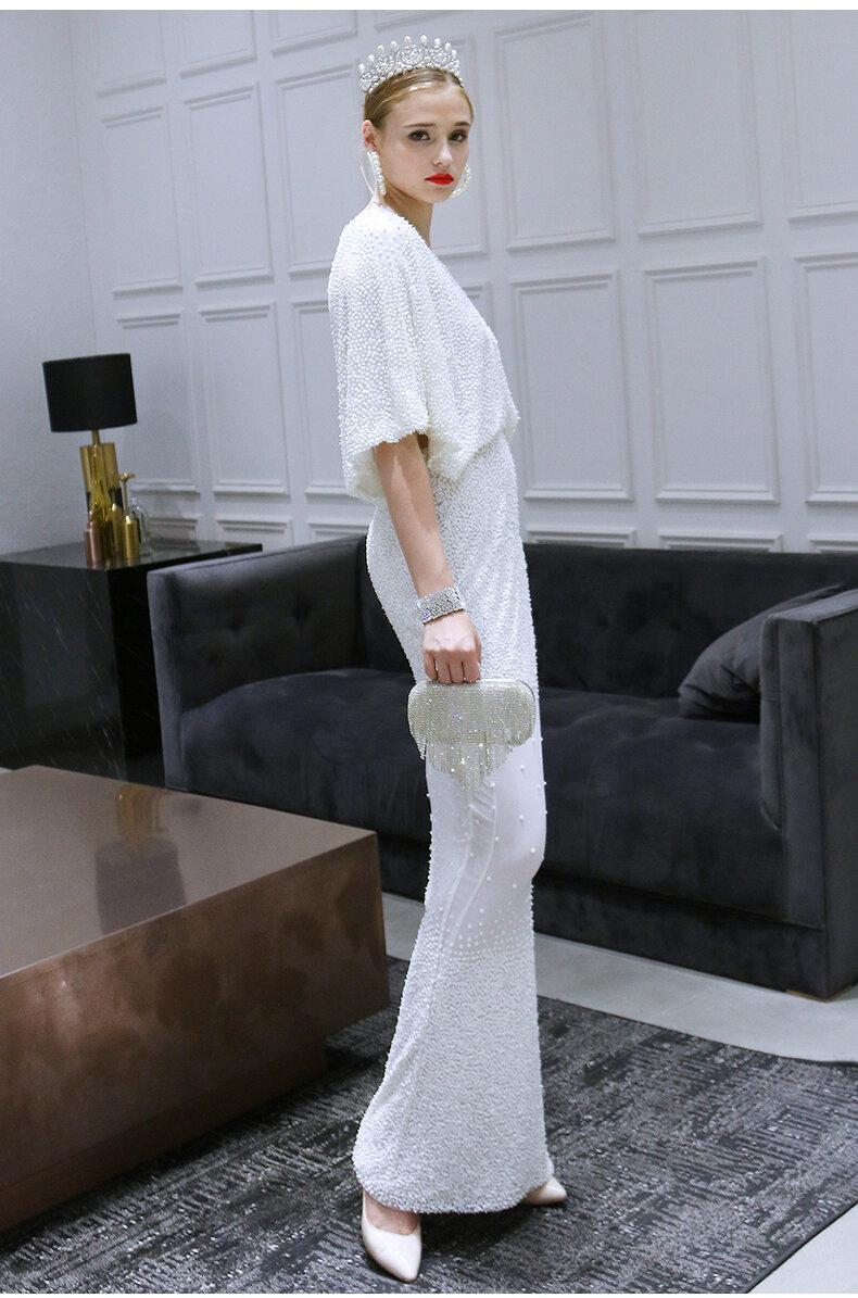 Limited edition White evening dress heavy beaded fishtail dress long evening wedding gown female - sIQ L Limited edition White evening dress heavy beaded fishtail dress long evening wedding gown female - sIQ L