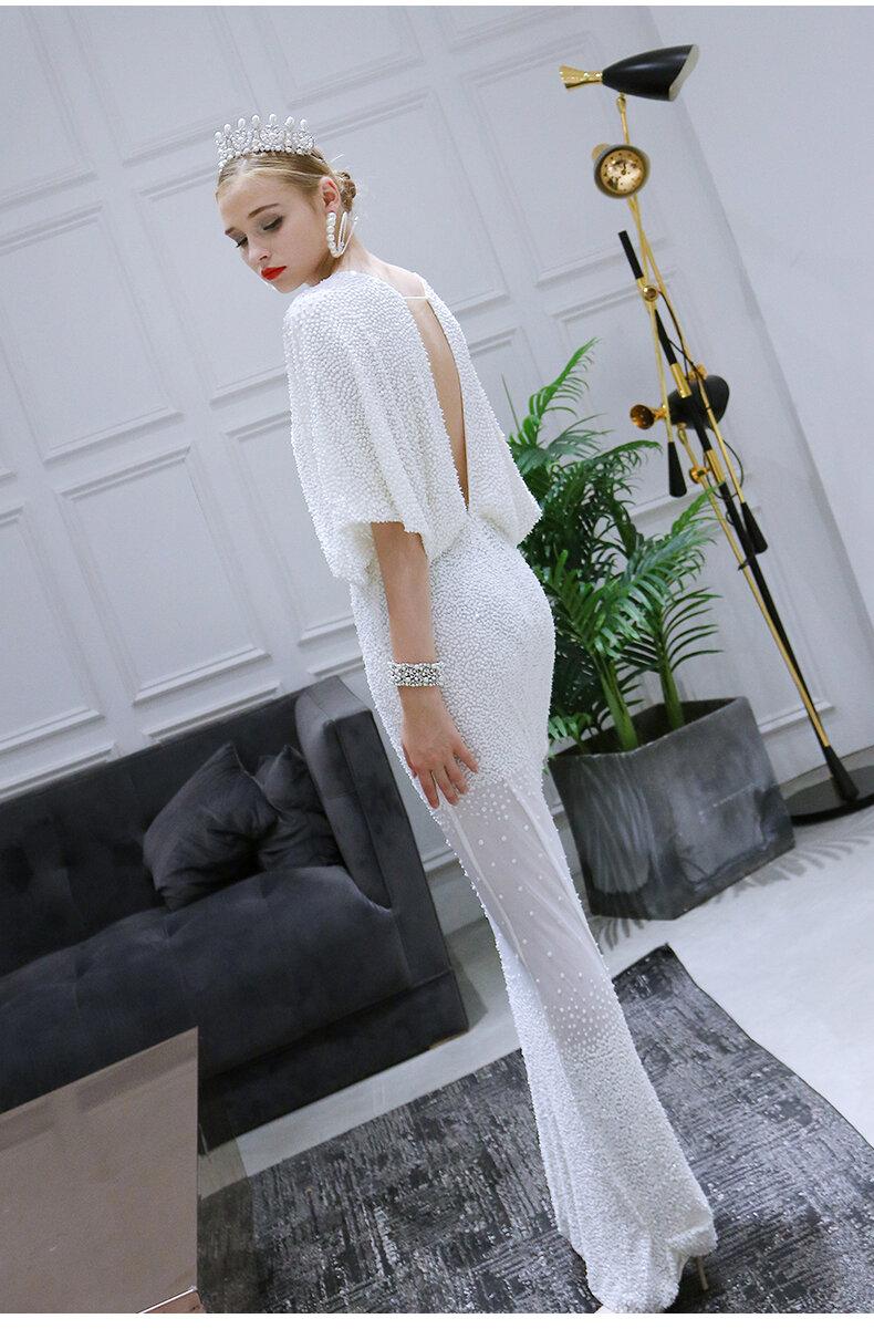 Limited edition White evening dress heavy beaded fishtail dress long evening wedding gown female - sIQ L Limited edition White evening dress heavy beaded fishtail dress long evening wedding gown female - sIQ L
