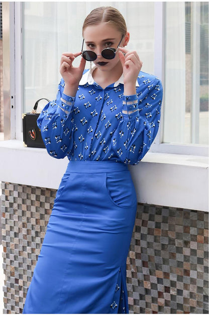 Printed blouse faux 2 piece blue cocktail work pencil slit dress - Vanya