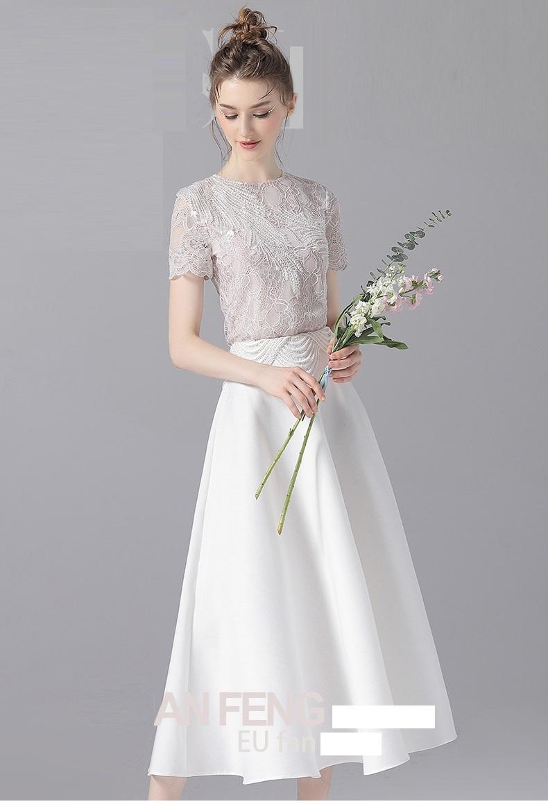 Heavy work lace with white half-length midi flare skirt  + lace top suit set- Sali