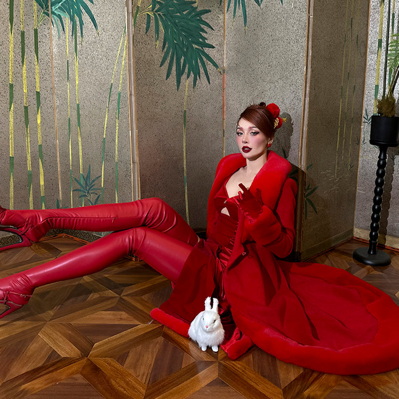 Le Palais Vintage Original Elegant Red Fur Collar Long Coat - Odesey
