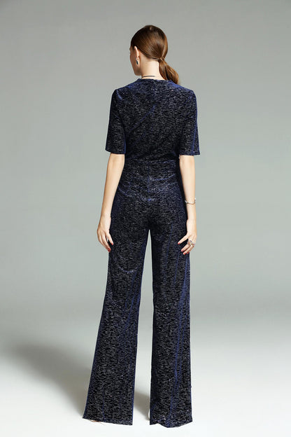 Limited edition V-neck French retro stretch cocktail formal sparkling midnight blue  wide leg jumpsuit - Starlet