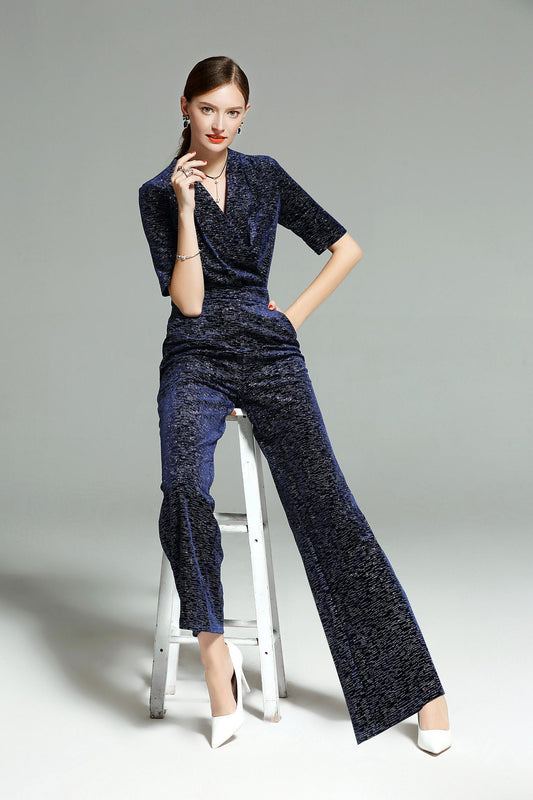 Limited edition V-neck French retro stretch cocktail formal sparkling midnight blue  wide leg jumpsuit - Starlet
