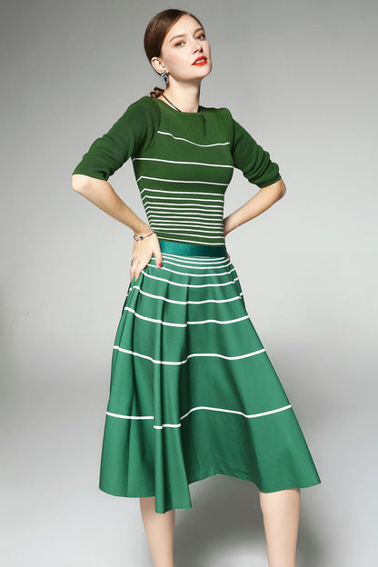 Limited autumn green stripe 1950 swing skirt Audrey Hepburn inspired  horizontal stripe skirt + knit top two piece- suit set -Amara