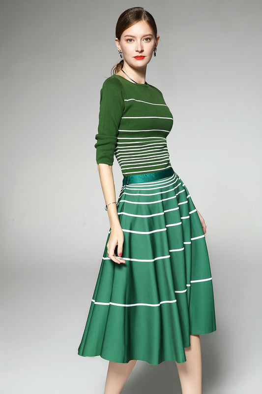 Limited autumn green stripe 1950 swing skirt Audrey Hep