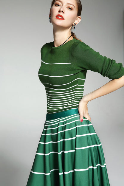 Limited autumn green stripe 1950 swing skirt Audrey Hepburn inspired  horizontal stripe skirt + knit top two piece- suit set -Amara