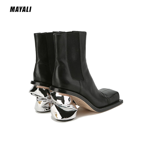 MAYALI Fall/Winter Square Toe Broken Heel Block Heel Chelsea Mid-barrel Boots - Licity