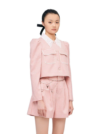 YES BY YESIR simple houndstooth pinkl checkered  high-waisted shorts-Aika