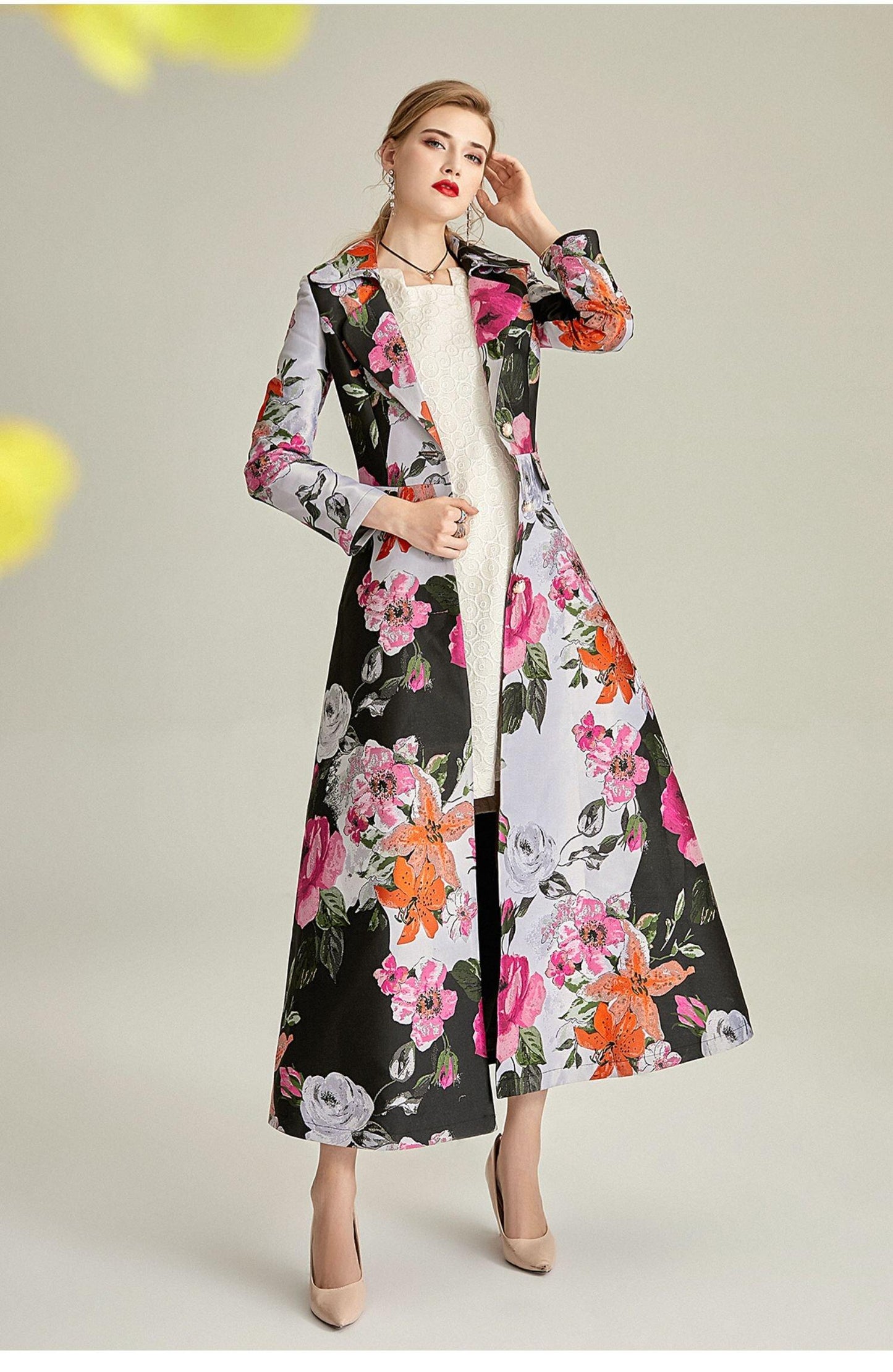 Jacquard spring and autumn coat lapel flower Long coat dress - Chloe