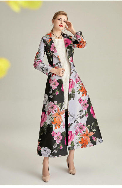 Jacquard spring and autumn coat lapel flower Long coat dress Jacquard spring and autumn coat lapel flower Long coat dress