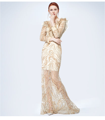 Siduo high-end party luxury drag train gold evening dress- Banki