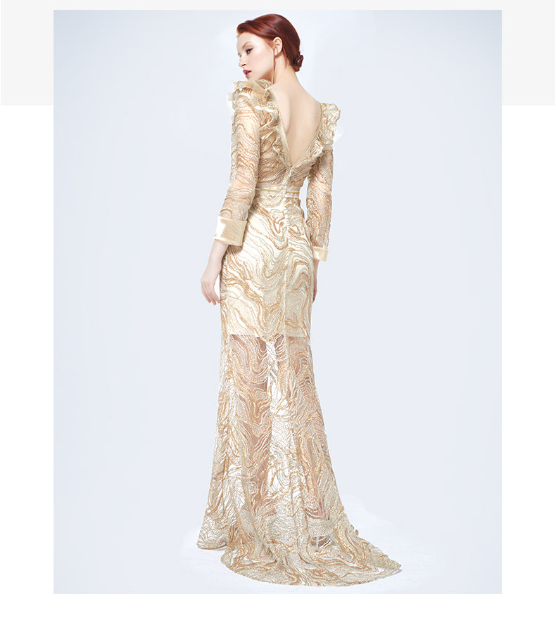 Siduo high-end party luxury drag train gold evening dress- Banki